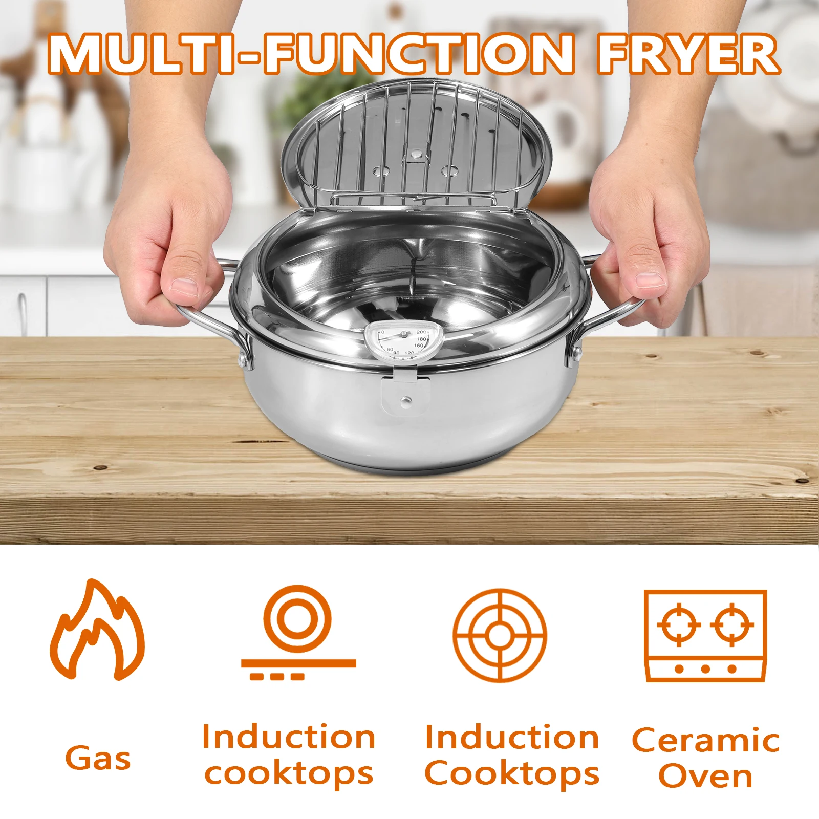 Deep Fryer Pot with Strainer Basket and Thermometer Stainless Steel Frying Pan for Frying Fries Fish Shrimp Chicken Cooking Tool