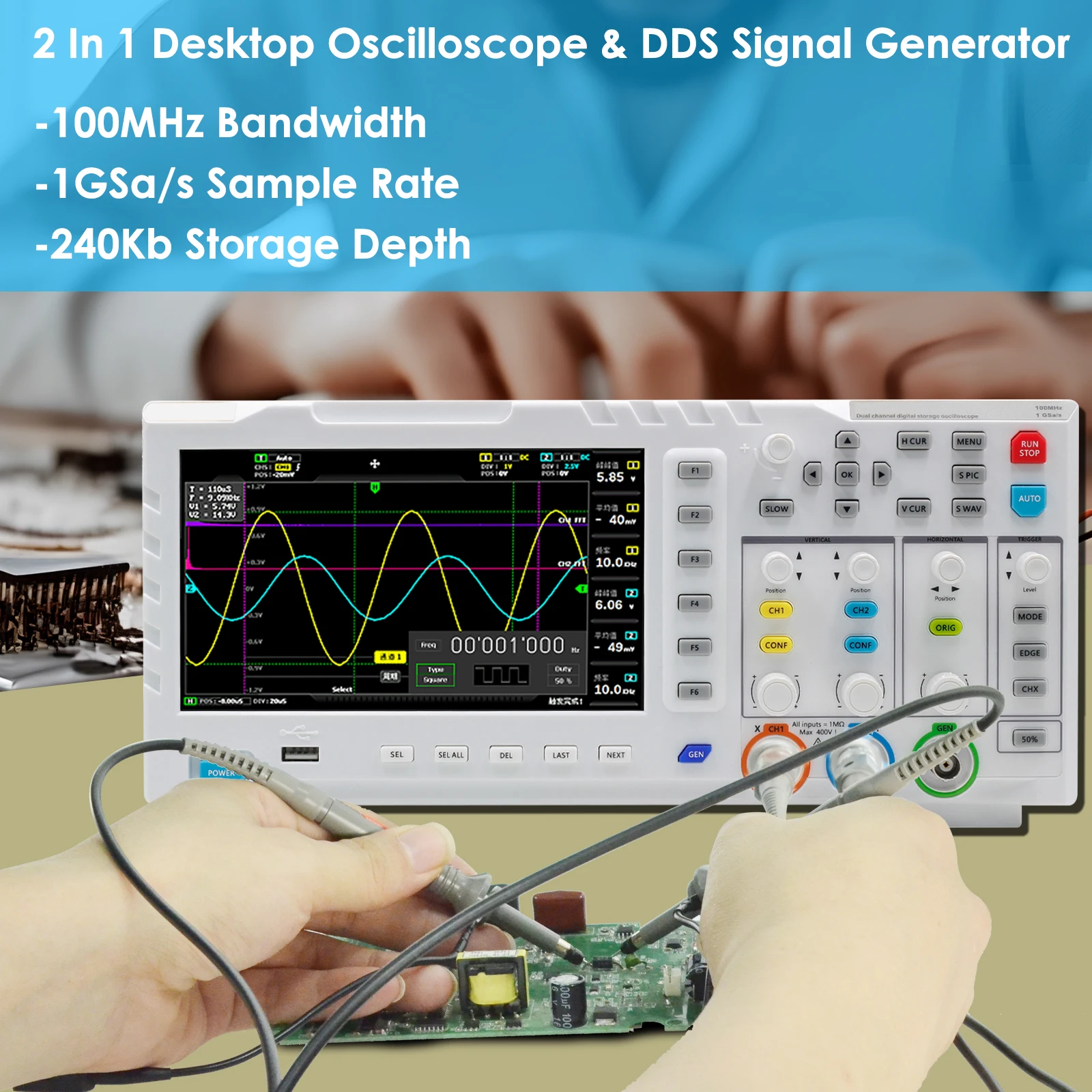 Oscilloscope DDS Signal Generator Oscilloscope 2 in 1 Digital 2 Channels 100Mhz,1GSa/s Sampling Rate Built-in 1GB,FNIRSI 1014D