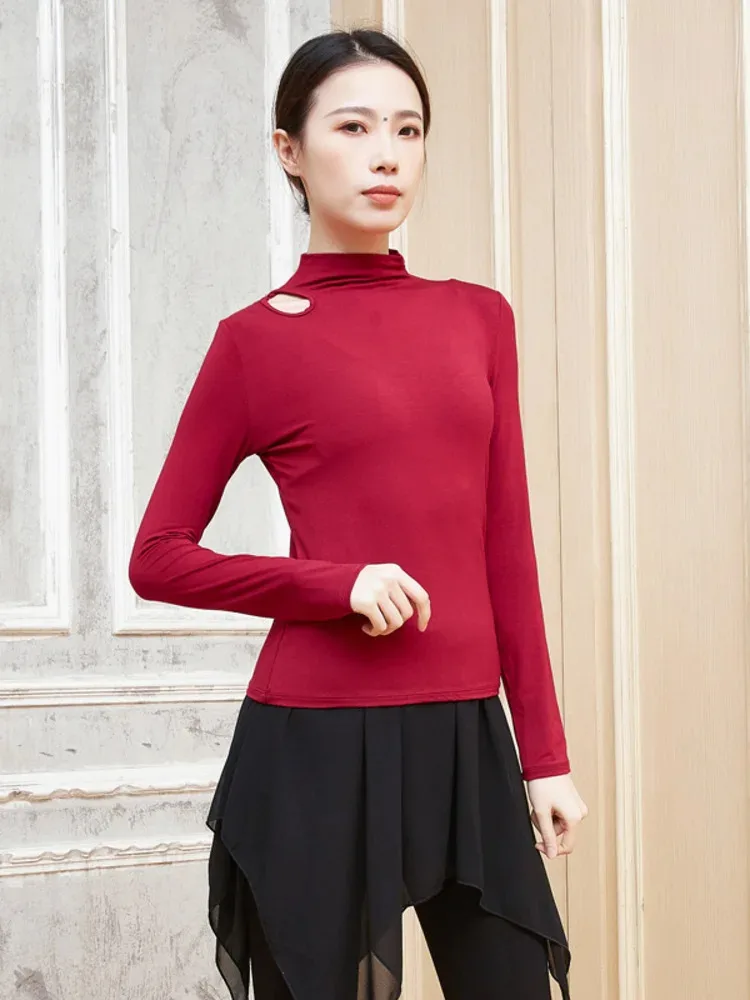 Solid Color High Neck Hollow Out Long Sleeve Dance Top, Slim Fit Ballet Practice Shirt for Women Stage Performance Adults