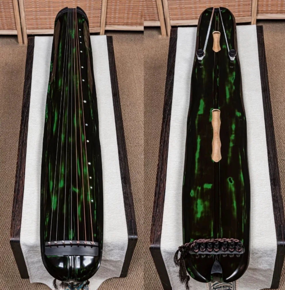 Banana‑Leaf Style Guqin, Polished Lacquer, Glossy Green Finish, Pure Raw Lacquer, Old Fir Wood Chinese Traditional String Musica