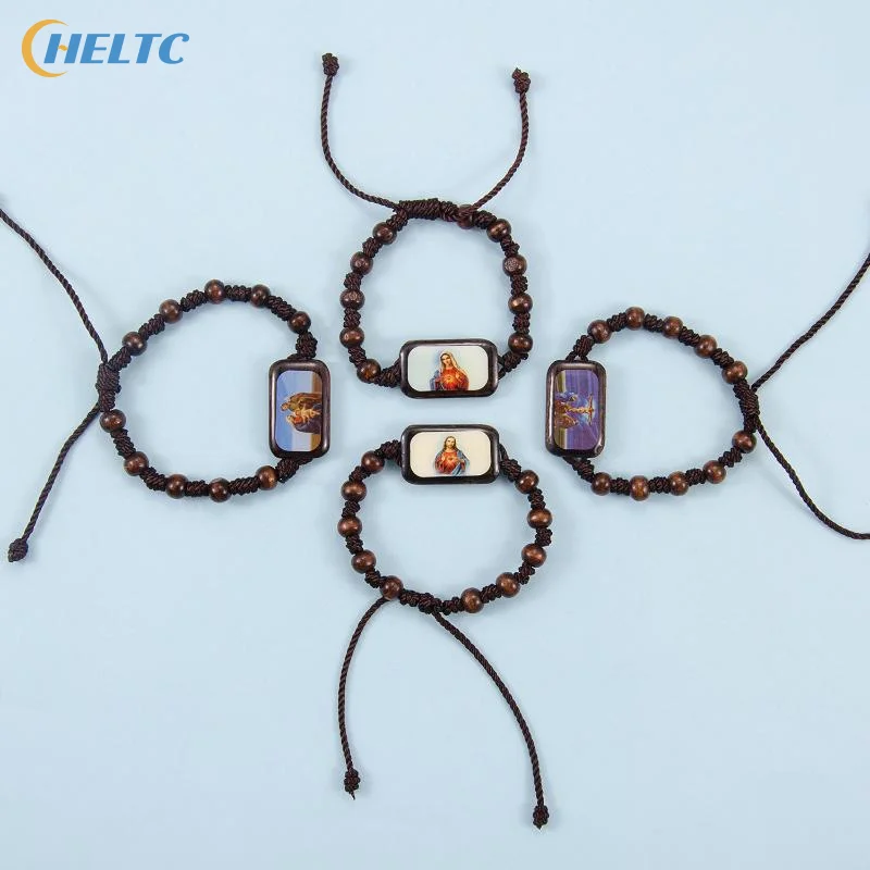 Bracelet chapelet en bois réglable avec autocollants d'icônes religieuses, finition émail, bijoux de prière spirituels perlés pour usage dévotionnel