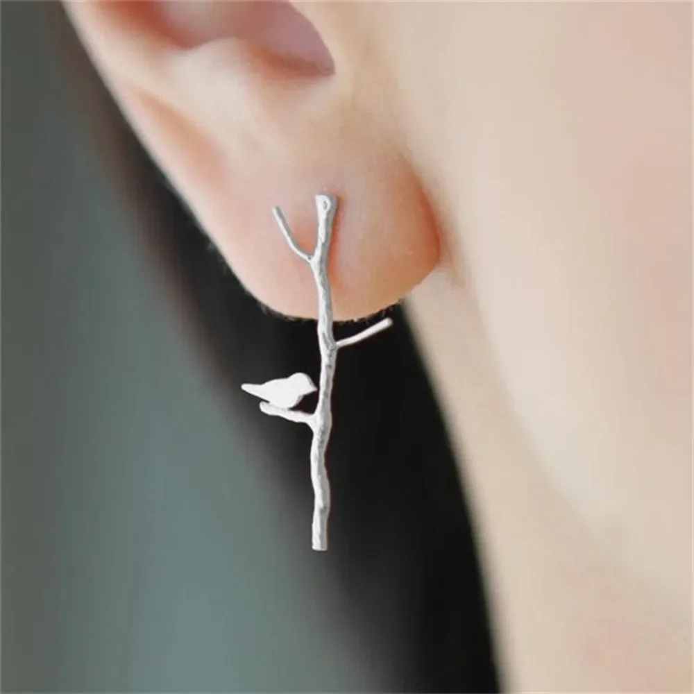 Unique Romantic Branch Bird Metal Ear Post Stud Earrings for Girls Gold Silver Color Zinc Alloy Women Earring Jewelry Gift