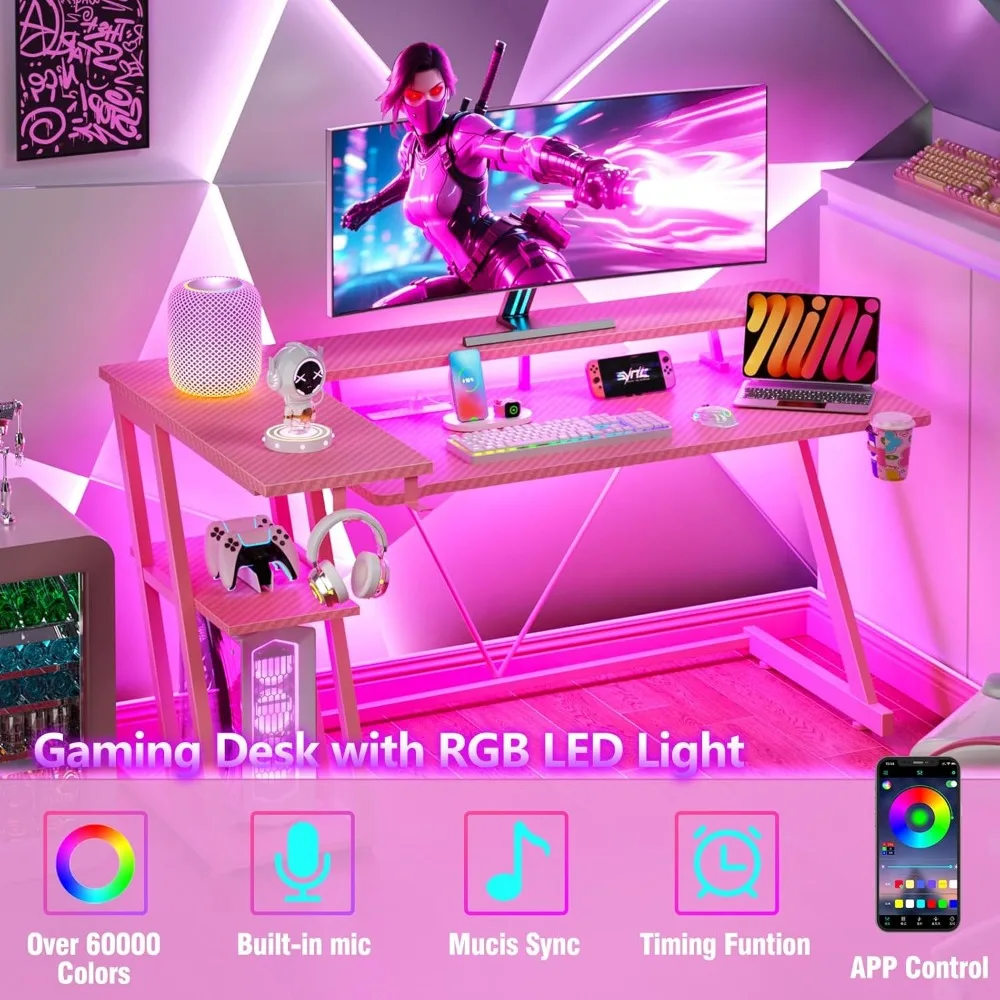 L-Shaped Pink Gaming Desk with 55 Inch LED-lit Corner Computer Desk and 3-Tier Storage Shelves