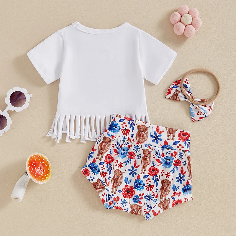 4th of July Baby Girl Outfits Letter Print Tassel Short Sleeve T-Shirt Shorts Headband Set Fourth of July Outfit