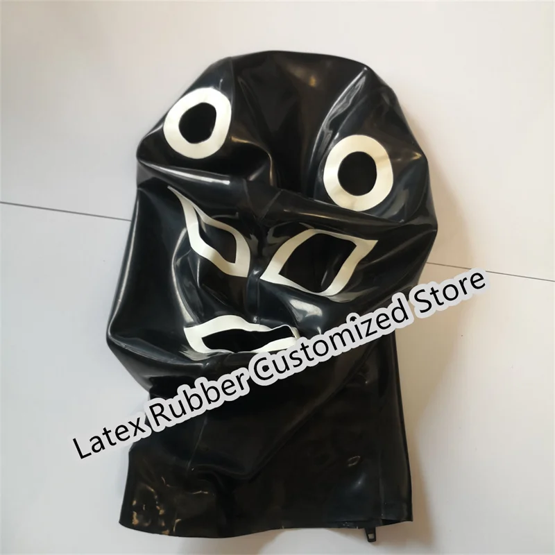 

Latex Hood Rubber Mask Black with White Trim Hair Hole Back Zip Men Women Halloween Cosplay Costume