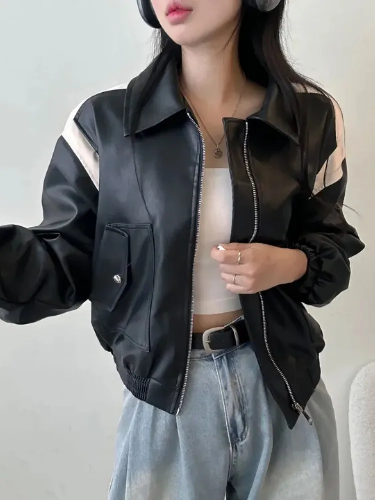 シックな秋のジッパーカラー、オートバイ風レザージャケット、長袖、コントラストカラーの切り替え、レディースファッション