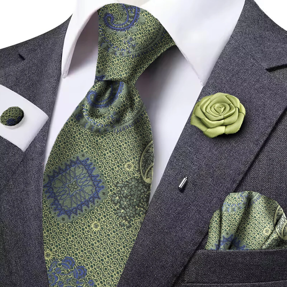 

New Design Cashew Flower Pattern Tie Set Men Green Pocket Square Cufflink Flower Brooch Daily Casual Wear Suit Dress Accessories