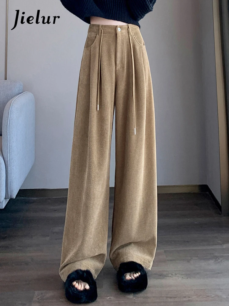 Jielur Winter High Waist New Thick Female Wide Leg Pants Lace-up Solid Color Straight Chic Zipper Casual Fashion Women Trousers
