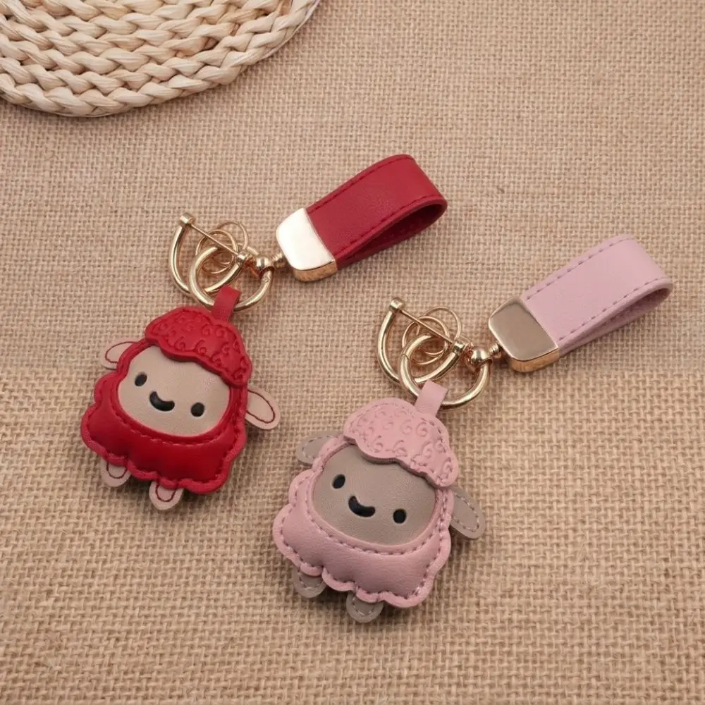 Rich and Lucky Cartoon Pu Sheep Keychain Wrist Strap Leather Lamb Bag Charm Braided Rope Goat Ornament Car Key Ring Home Decor