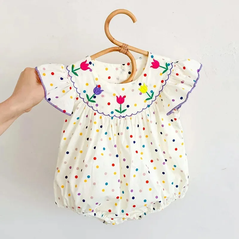 

Summer Korean Baby Romper for Girls Ruffle Sleeves Newborn Clothes Embroidery Flower Infant Jumpsuits Toddler Princess Onesie