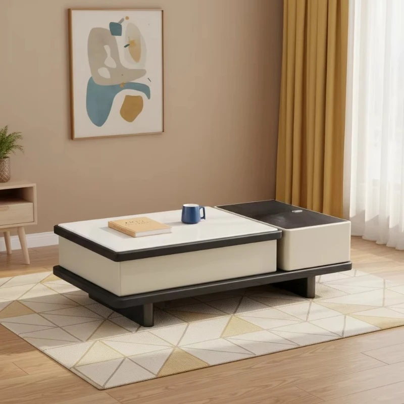 Modern coffee table retractable center table with high-gloss top and storage drawers