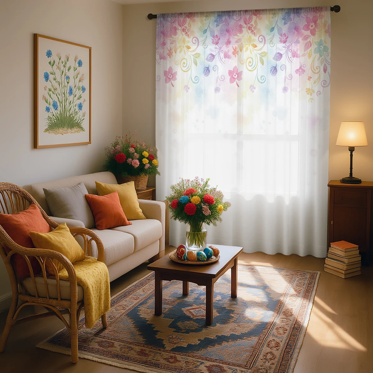 Rainbow Floral Gradient Print Sheer Curtain, Mother's Day 70% Light Filtering Privacy Sheer Curtain for Living Room Bedroom Stud - view 4