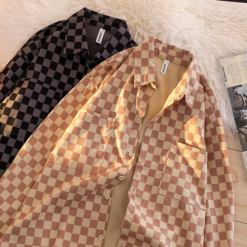 

Loose Fit Plaid Long Sve Men's irt Autumn Faion Outerwear Board Game Pattern Casual Polyester irt for Teen Boys