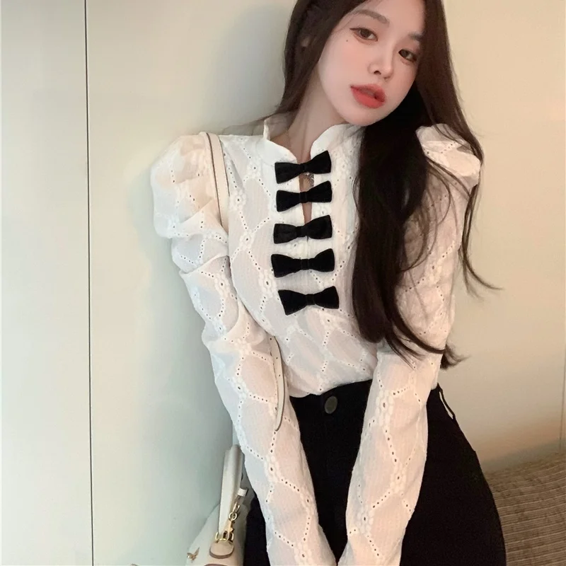 Estilo francês outono inverno camisa feminina arco oco rendas all-match feminino elegante blusa do vintage feminino básico senhoras topos