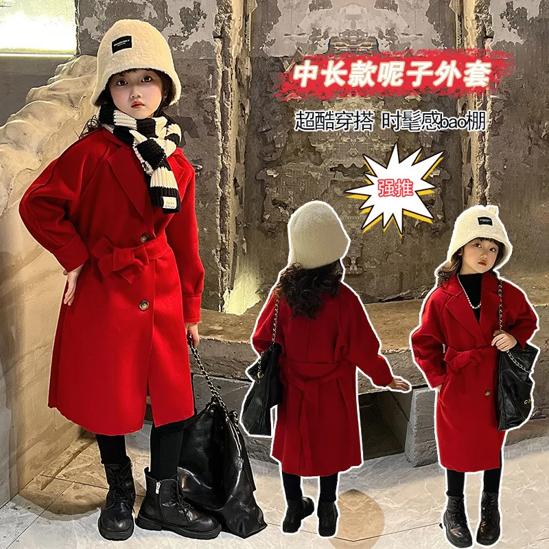 Autumn Teenager Girls woolen coat 2023 autumn Childrens windbreaker Fashion Red Long Outerwear 4-15 years kids clothes jacket