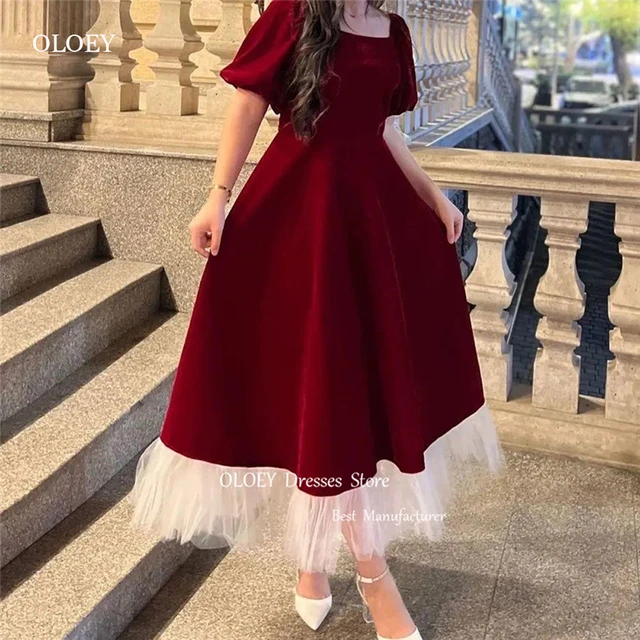 OLOEY Vintage Wine Red And White Evening Dresses Short Sleeves Square Neck Velvet Tulle Ankle Simple Birthday Party Dress Prom AliExpress