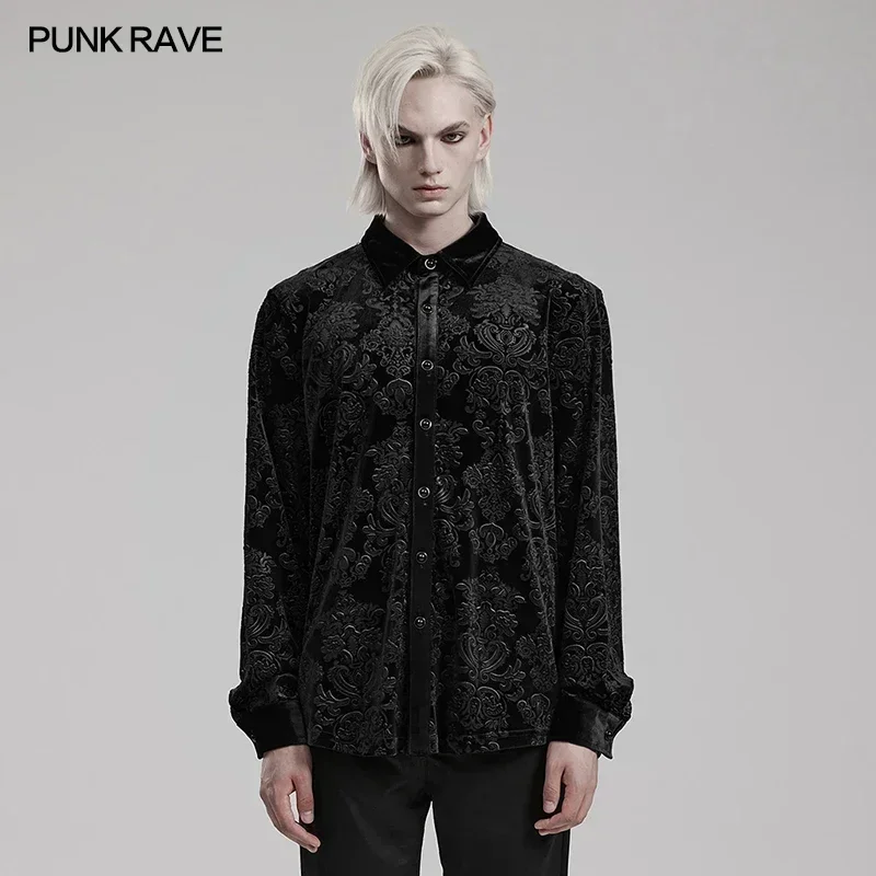 PUNK RAVE Men\'s Gothic Simple Version Embossed Velvet Shirt Party Loose Tops Black Shirts Autumn/Winter Men Clothing