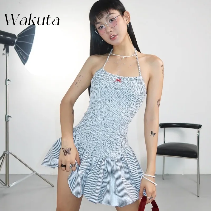WAKUTA American Vintage Neck Strapless Robe Fashion Bow Tie Waisted Puffy Dresses Casual Street Style Short Vestidos De Fiesta image 2