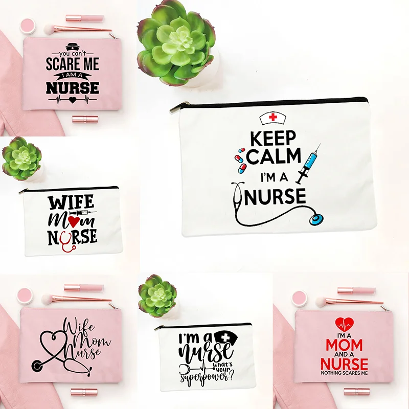 Gift for Nurse Nothing Scares Me Print Makeup Bags Women Travel I'm A Mom and A Nurse  Cosmetic Case Female Wash Storage Pouch