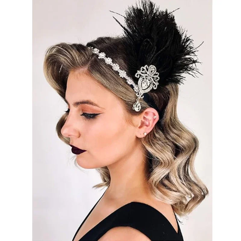 1920s Feather Headpiece Black, Womens Ostrich Feather Crystal Headband, Great Gatsby Hair Accessories for Women, Ribbon Tie