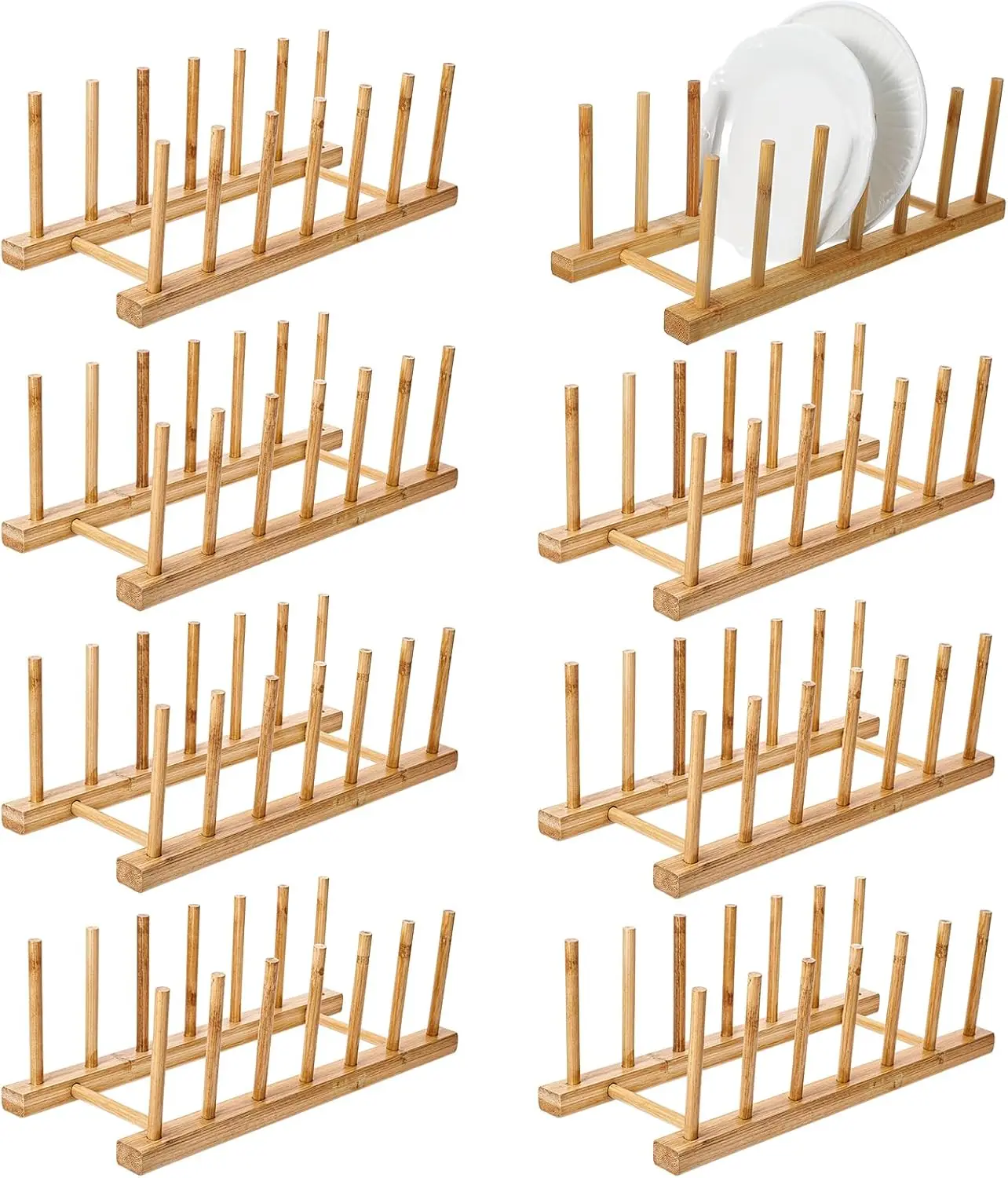 

8 Pcs Bamboo Plate Holder & Wooden Dish Rack Organizer, 11.6x4.7x3.9 Inch Bamboo Wooden Dish Rack for Plates, Bowls, Cu