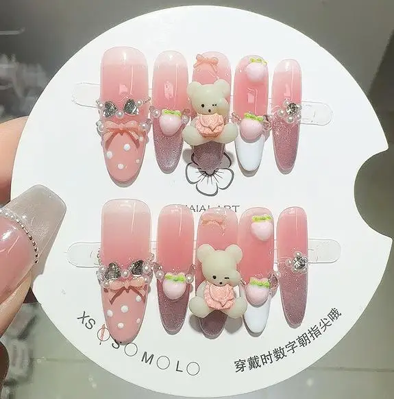 

10PCS Cute 3D Cartoon Bear Handmade Long Oval Press on Nails Pink Gradient Cat Eye with Bowknot Pearl French Fake Nail for Girls
