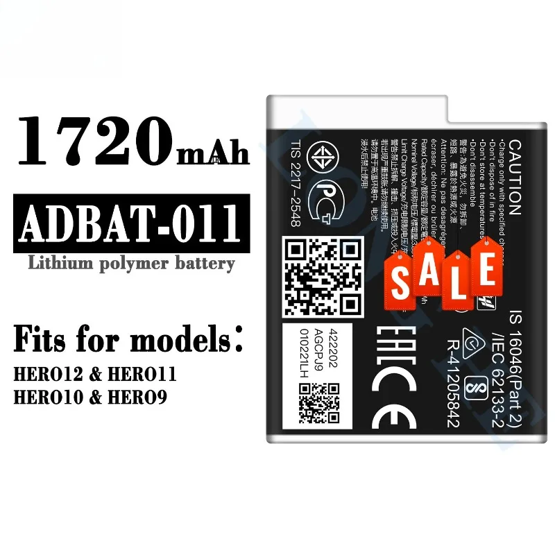 High‑quality 3.7V 1720mAh for GoPro ADBAT-011 Camera Battery HERO12HERO11 HERO10 H ERO9 Replacement Battery