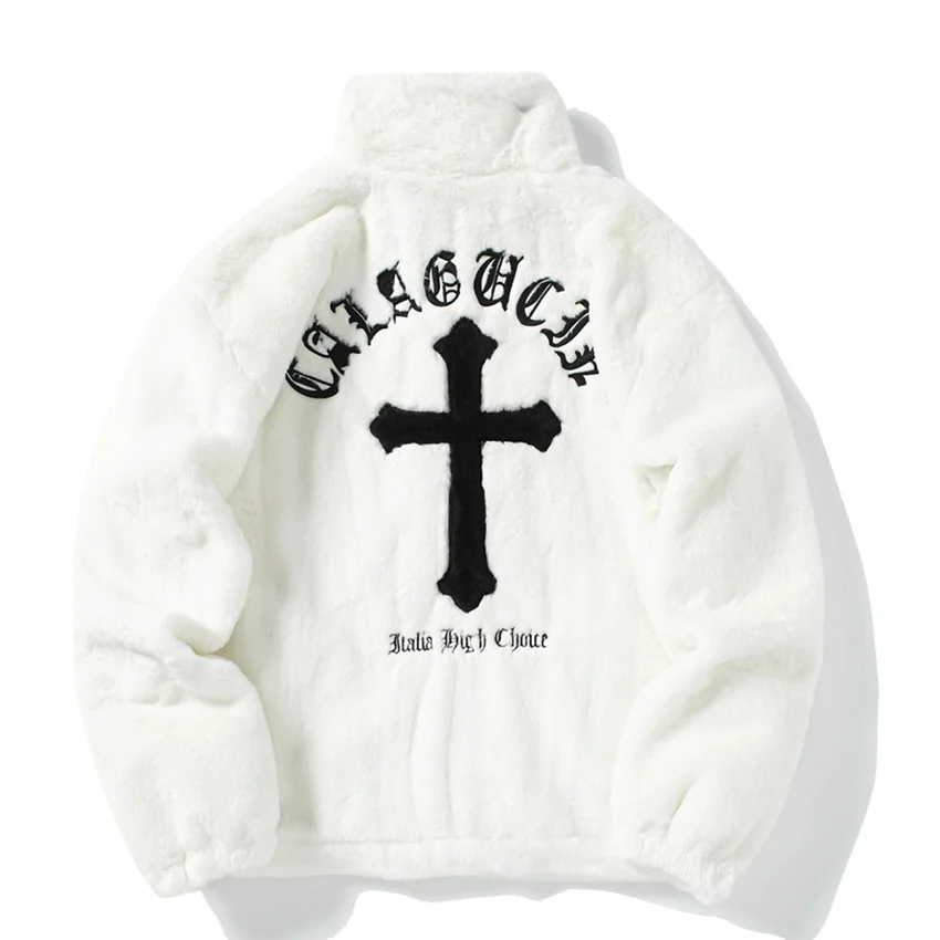 Men Rabbit Fur Jacket Coats Hip Hop Cross Letters New Winter Fleece Streetwear Casual Harajuku Coat Zip Up Fashion Outerwear