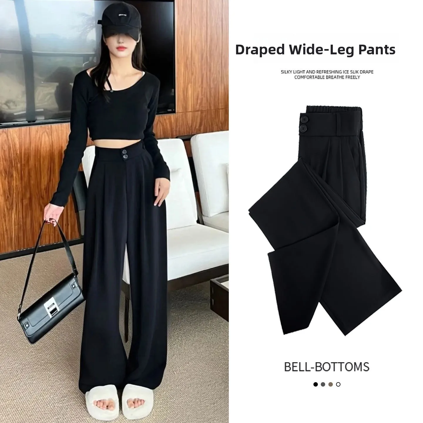 

Black Loose Wide Leg Pants for Women Casual Style High Waist Polyester Fabric plus Size Slimming Trousers for Pear Shaped Body