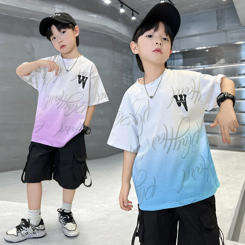 

Kids Summer Candy Color Gradient T-shirt for Teens Boy Casual Short Sleeve Tshirt with Letter Print Children Fashion Tee Tops