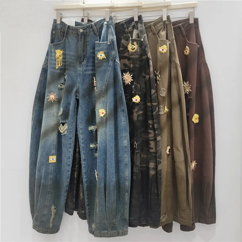 

Metal Decorated Ripped Jeans, Cool American High Street Retro Wide-Leg Pants Trendy Loose Straight Casual Long Pants Denim