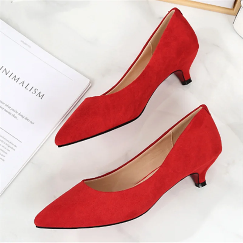 Women Spike Heels Kid Suede Tacons Null Flock Shoes Red Pinkish Cute Pointy Toe Elegant Pumps For OL 34-43 26cm Low Cutter Mujer