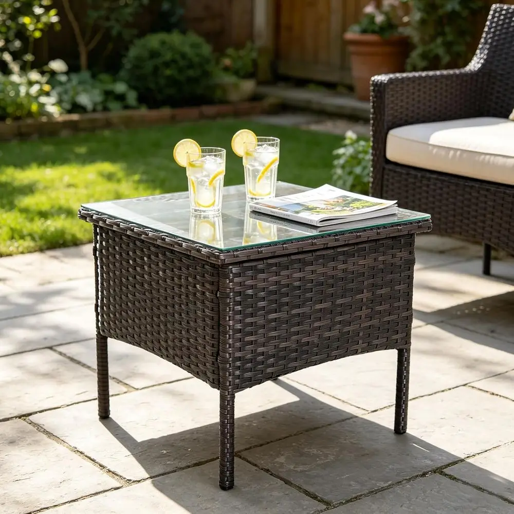

Outdoor Patio Wicker Side Table with Glass Top and Storage for Garden Balcony