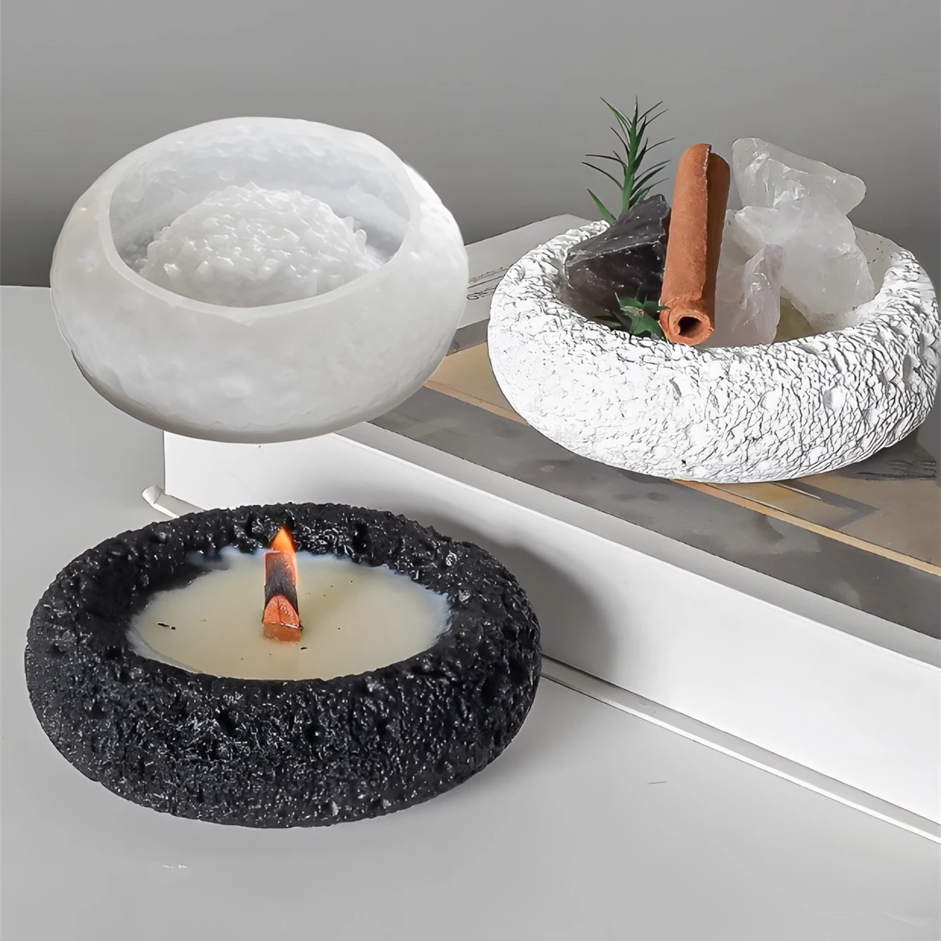 DIY Circular Space Rock Storage Box Ashtray Gypsum Clay Resin Mold Stone Texture Aromatherapy Candle Cup Silicone Plaster Mold