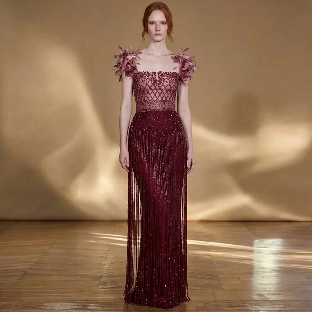 

Customized Burgundy Mermaid Square Collar Evening Dress Temperament Beading Bespoke Occasion Gowns Floor Length Cocktail Dress