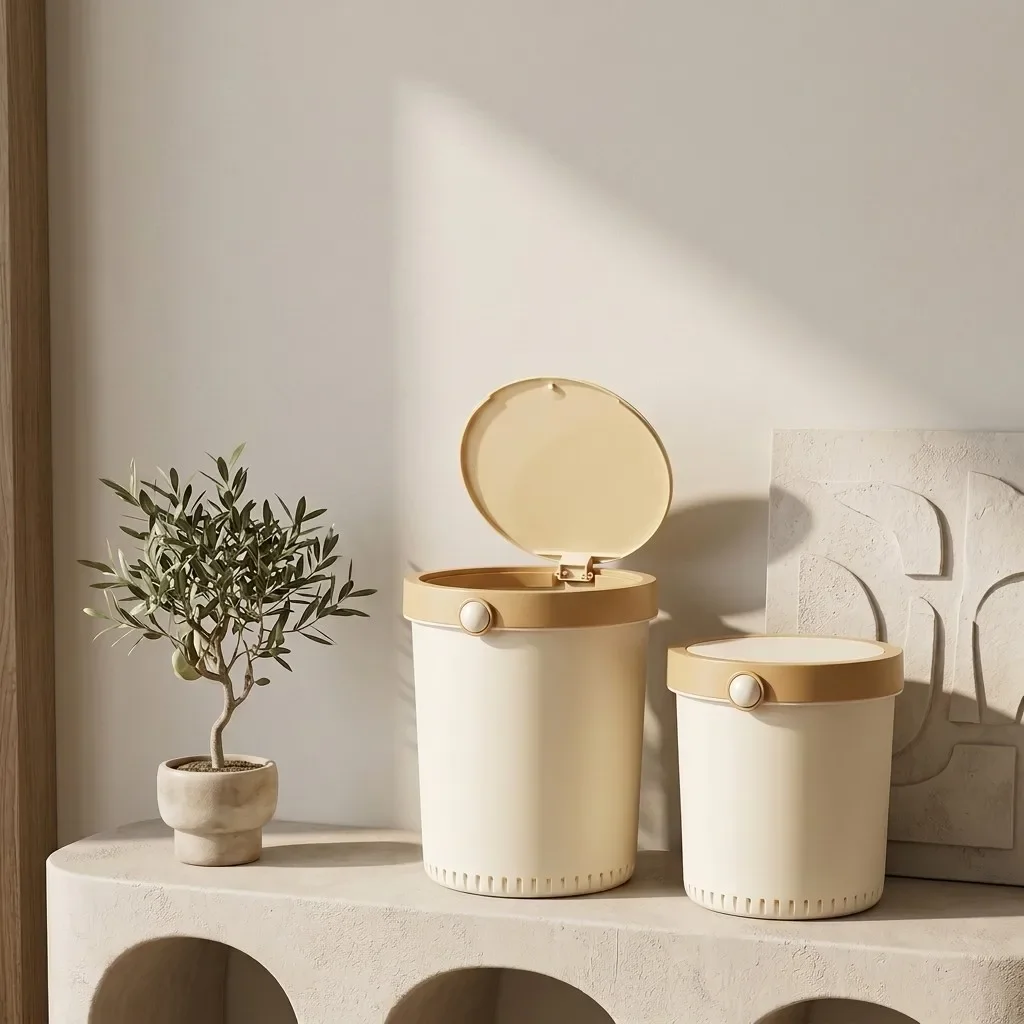 Beige Plastic Trash Can with Lid Round Push Button Wastebasket Waterproof Bathroom Kitchen Garbage Bin Bedroom Home Dustbin