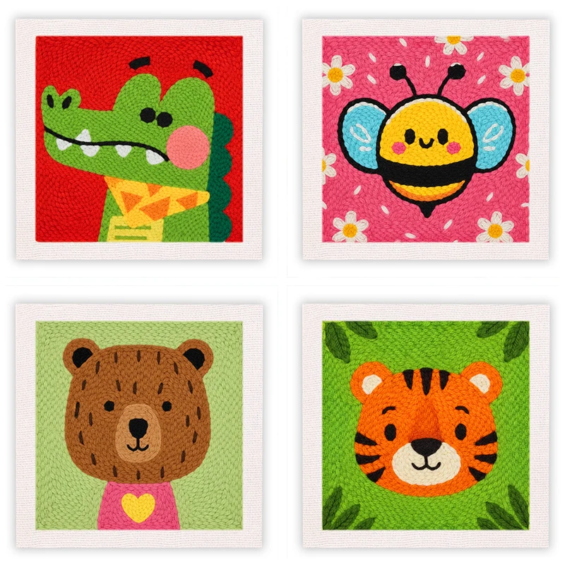 

25x25cm Square Punch Needle Embroidery Kit Easy for Adults With Frame Cute Animal Pattern Punch Needle Starter Craft Set