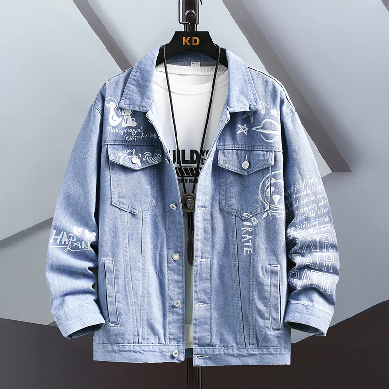 

2024 spring denim jacket male Fashion Trench Coat printing Letter pattern Jacket Men's Casual jackts men classic denim Coat