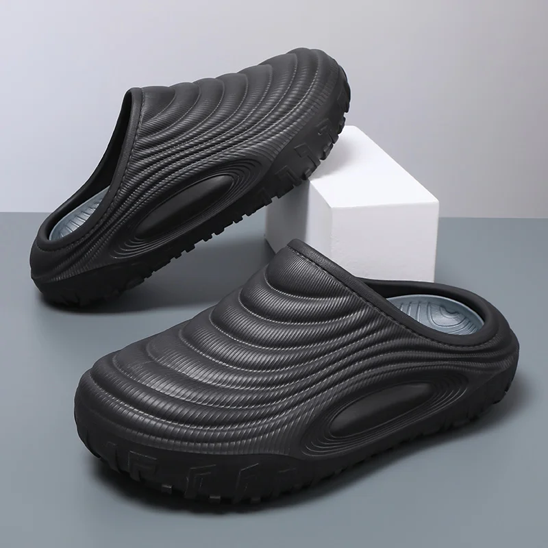 Men Summer Casual Clogs Wavy Texture Closed Toe Sandals Chunky Sole Slip On Mules Minimalist Streetwear Shoes