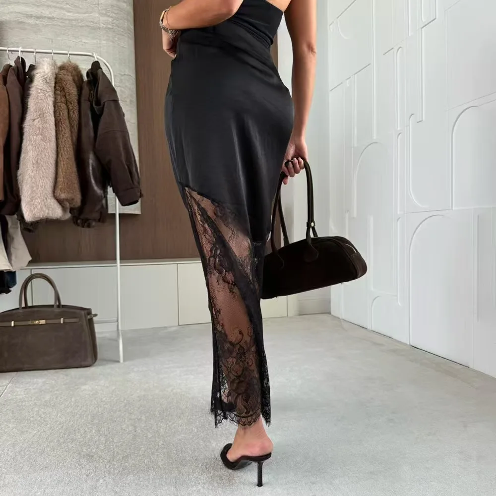 Lace Patchwork Skirts Women 2026 Summer New High Waist Slim Hollow Out Maxi Skirts Autumn Brown Fashion Party Club Long Skirts