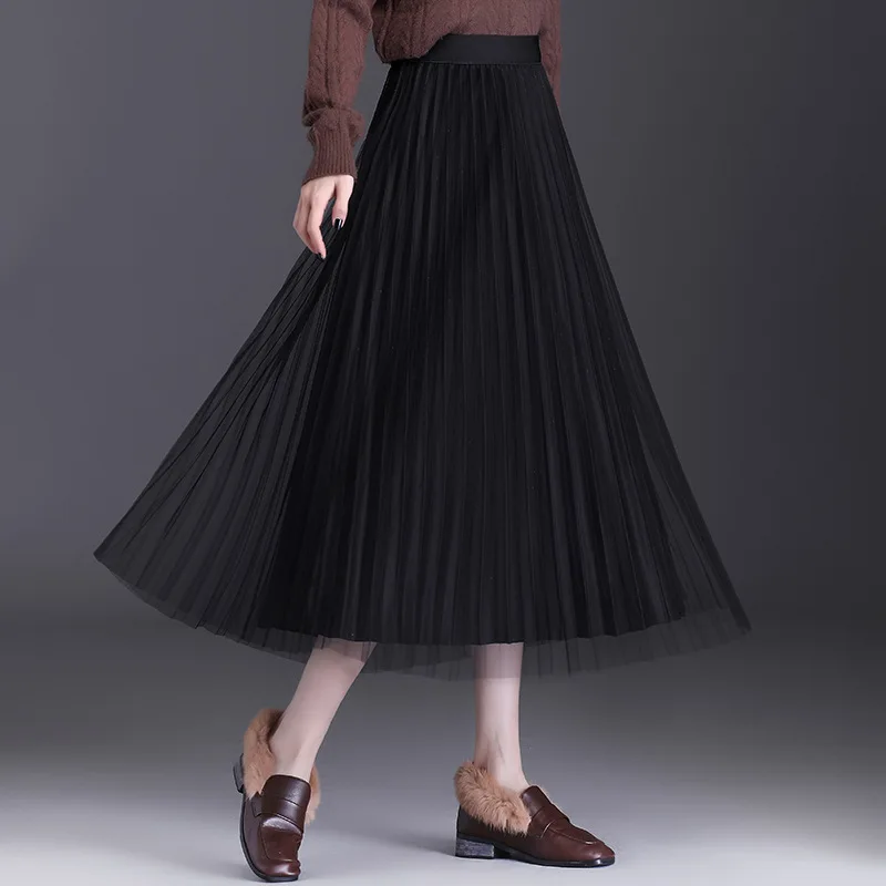 

Mesh Pleated Long Skirts for Women Vintage Jupes Faldas Largas Mujer Moda 2022 Autumn Winter High Waist Black Skirt Clothing