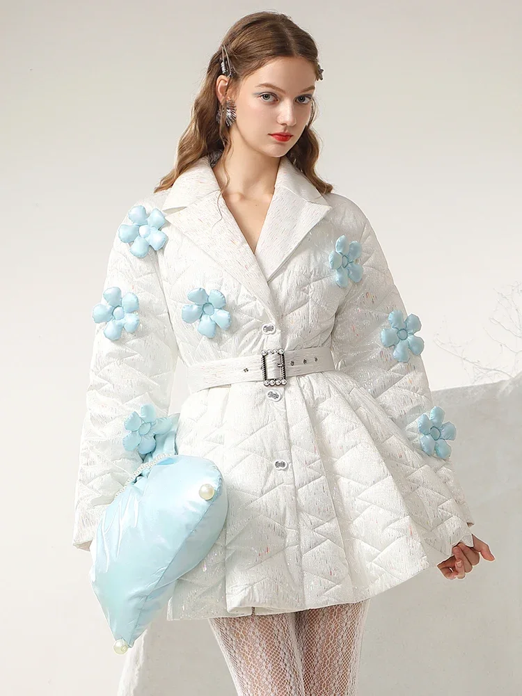 Women\'s Winter 2023 New Colorful White Cotton Coat Sweet Princess Style Cotton-Padded Coat Three-Dimensional Flower Design Coats