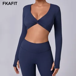 Cross V-neck Sporty T-shirt Women Sportswear Gym Workout Top Long Sleeve Fitness Sport Shirts Female Yoga Clothes Crop Top