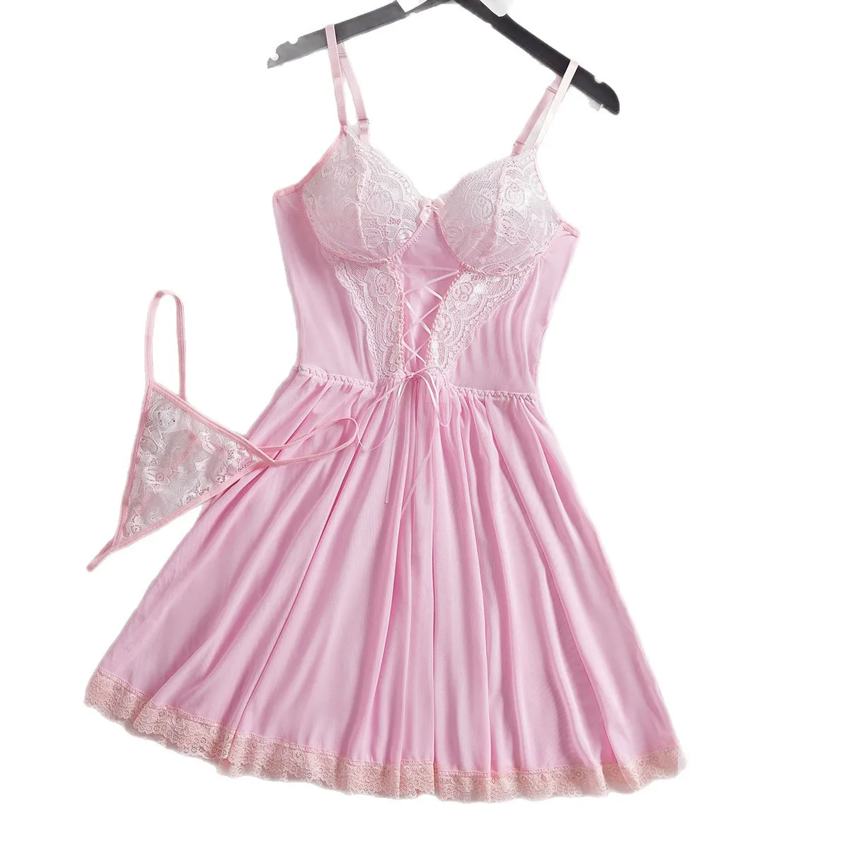 

Французская романтическая кружевная ночная сорочка-комбинация с эффектом похудения, комплект домашней одежды из сетчатого материала А-силуэта