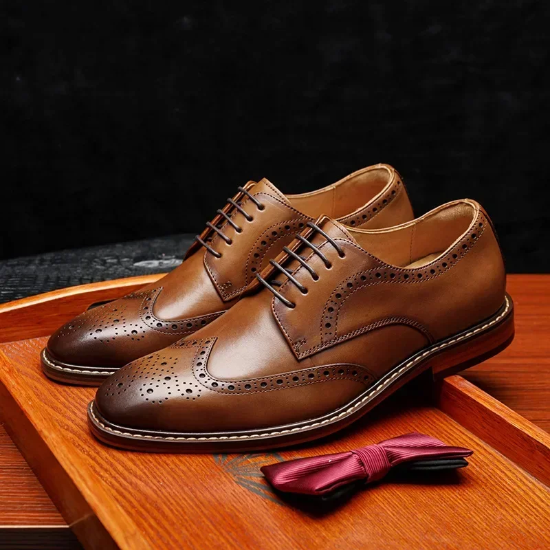 Plus 47 Men Genuine Cow Leather Shoes Luxury Handmade British Vintage Carving Brogues Oxford Dress Shoe Brock Deby Shoes