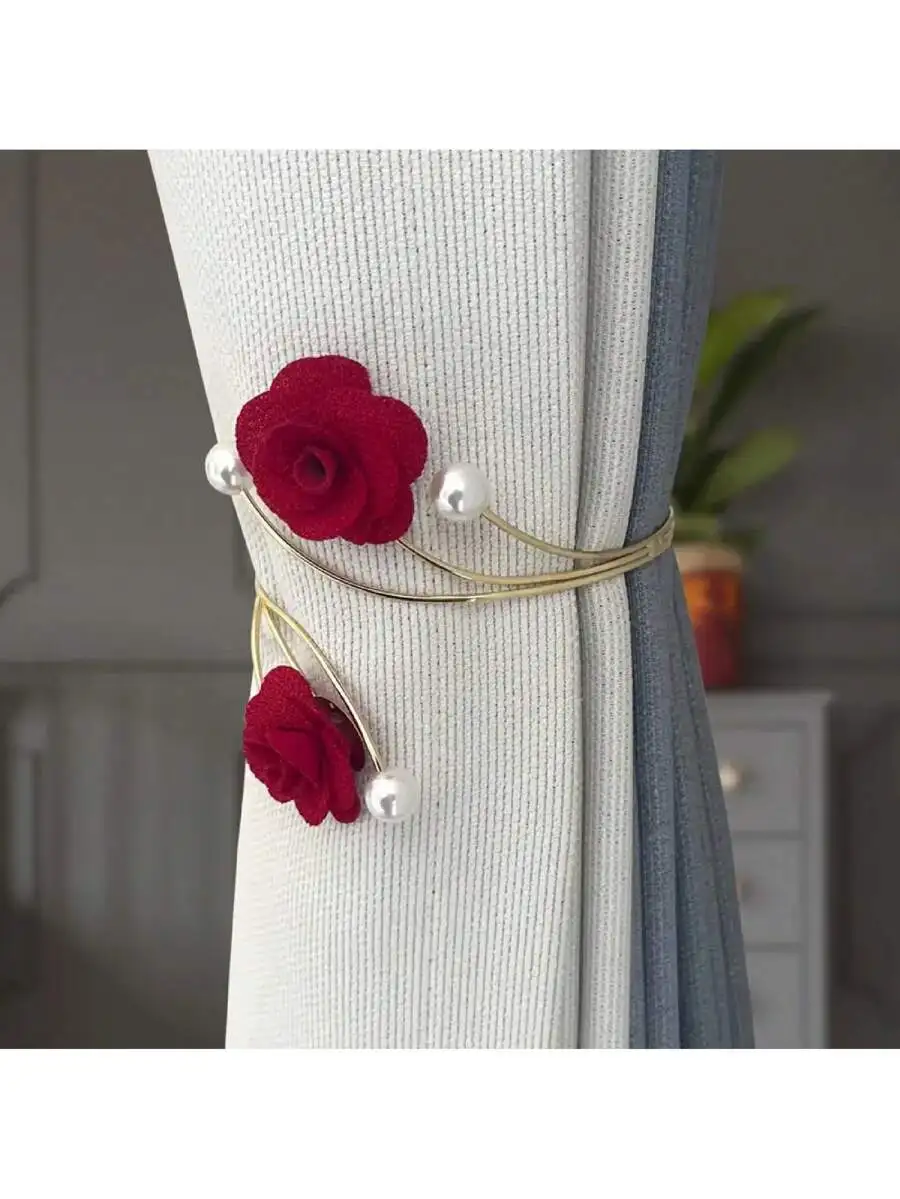 2pcs/1pc Pearl Flower Alloy High-End Curtain Buckle, No-Drill Curtain Tie Backs, Rose Flower Curtain Tie Bands, Metal & view 6