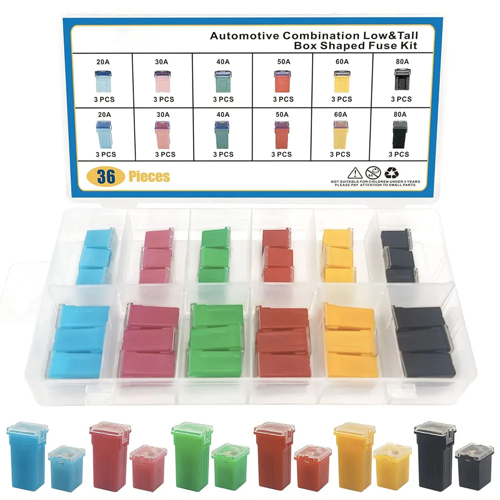36PCS Combination Low and Tall/STD Profile Box Shaped Assortment Fuse Kit for Ford, Chevy/GM, Nissan, and Toyota Pickup Trucks
