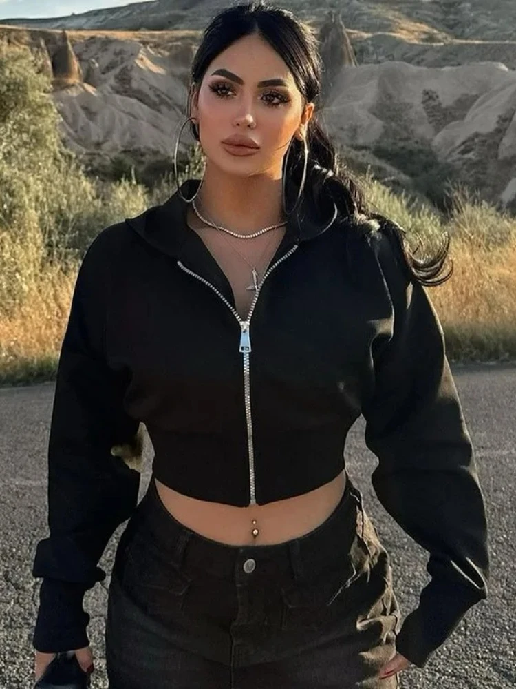 

Casual Short Hooded Sweatshirt Women Zip Up Hoodies Mujer Solid Harajuku Long Sleeve Slim Fit Crop Top Female Jackets Coat