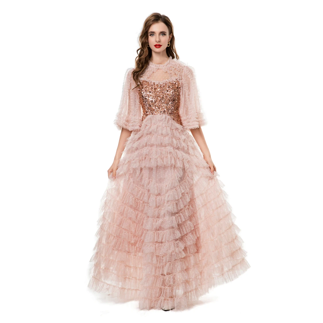 Vestidos femininos o pescoço mangas curtas em camadas babados lantejoulas designer elegante maxi festa de formatura vestido plus size S-4XL