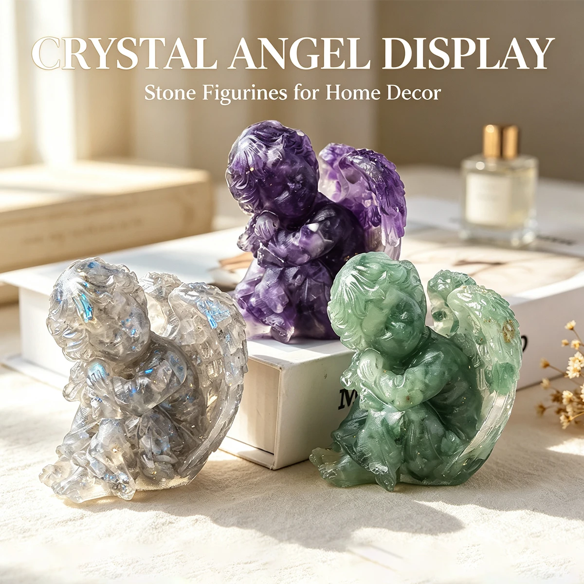 1pc Crystal Angel Figurine, Hand Carved Natural Stone Cherub Statue, Resin Crafts, Cute Angel Sculpture for Desktop Shelf Decor